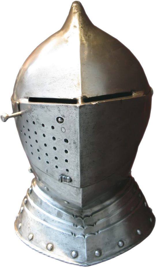 Helmet 桌布 壁紙 — 黑色背景上，金屬中世紀頭盔的特寫，頭盔頂部尖銳，面部護罩帶有穿孔。