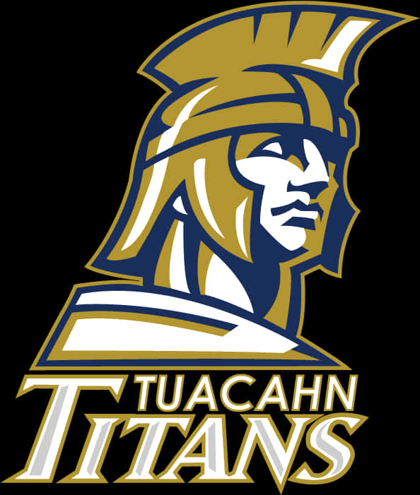 Titans Logo 桌布 壁紙 — 黑色背景上，金色和藍色斯巴達頭盔泰坦的粗體標誌，下方有「TUACAHN TITANS」文字。