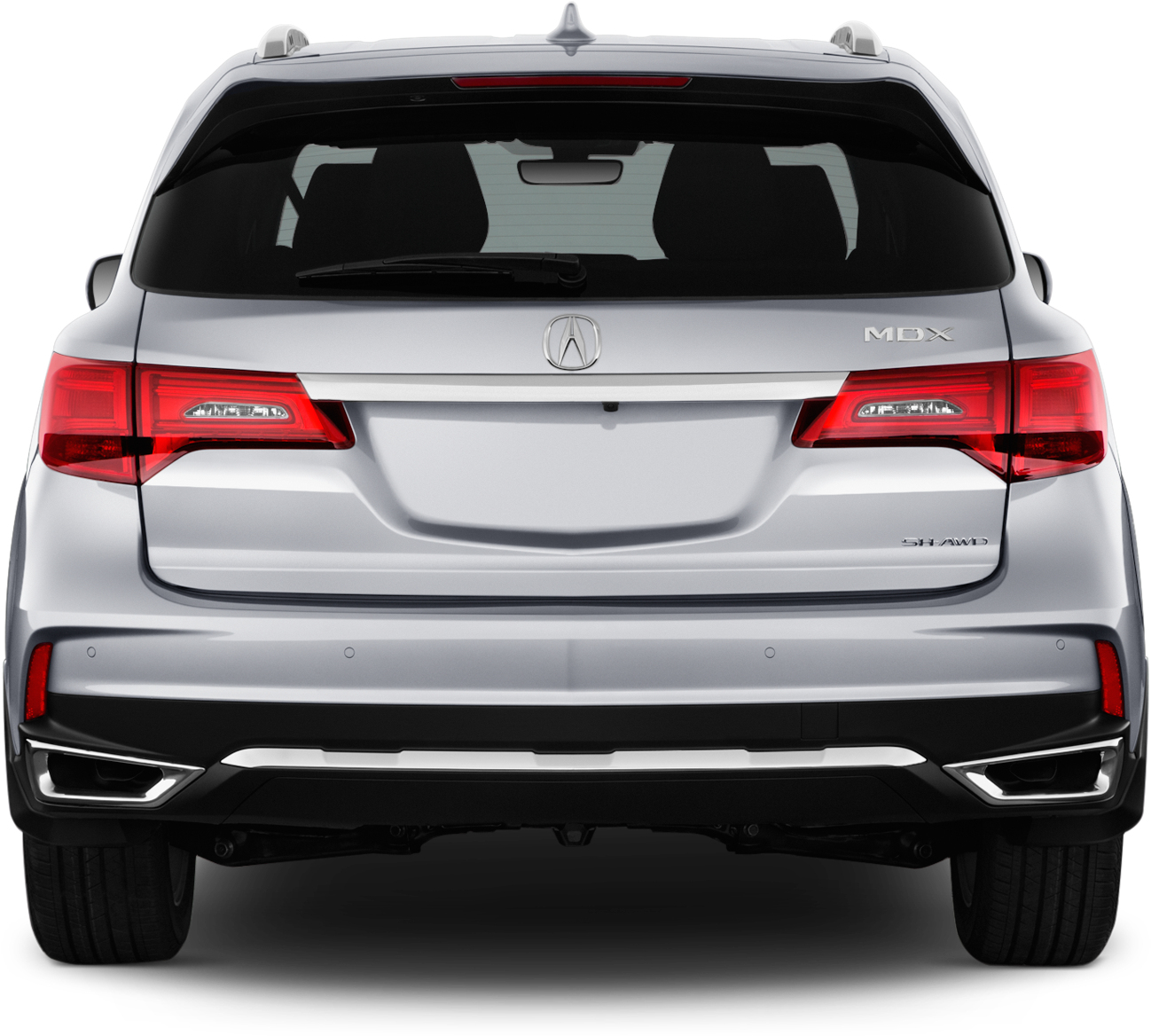 Acura 桌布 壁紙 — 黑色背景上，銀色Acura MDX SUV的後視圖，帶有紅色尾燈和鍍鉻裝飾。