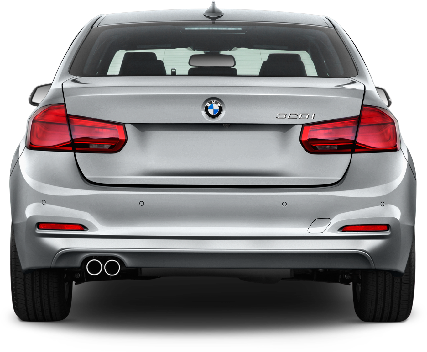 BMW 動圖 桌布 壁紙 — 黑色背景上，銀色BMW 320i轎車的後視圖，帶有紅色尾燈和雙排氣管。