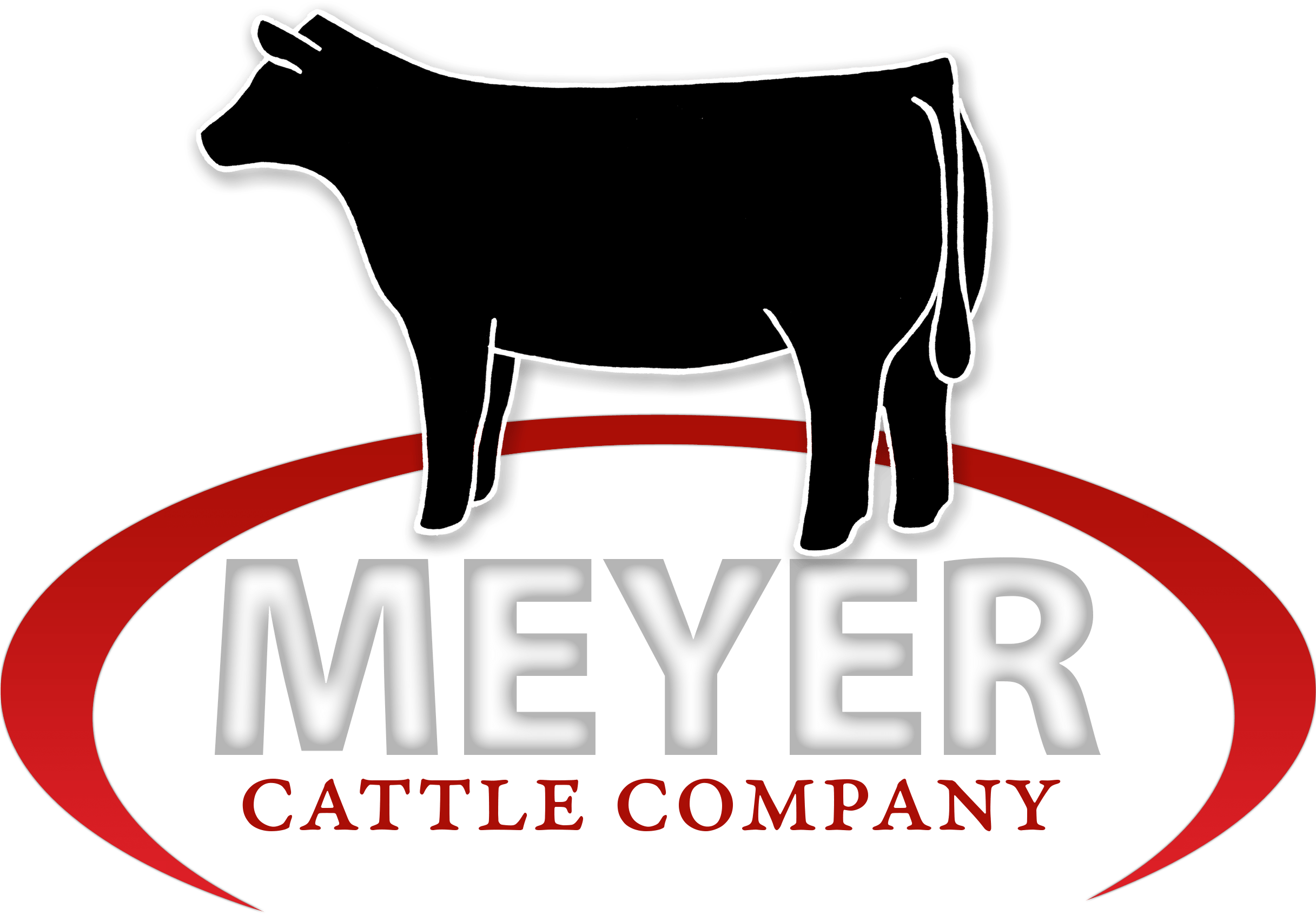 Cattle 桌布 壁紙 — 黑色背景上，銀色和紅色的文字「MEYER CATTLE COMPANY」上方，有一隻站立牛的粗體白色輪廓。
