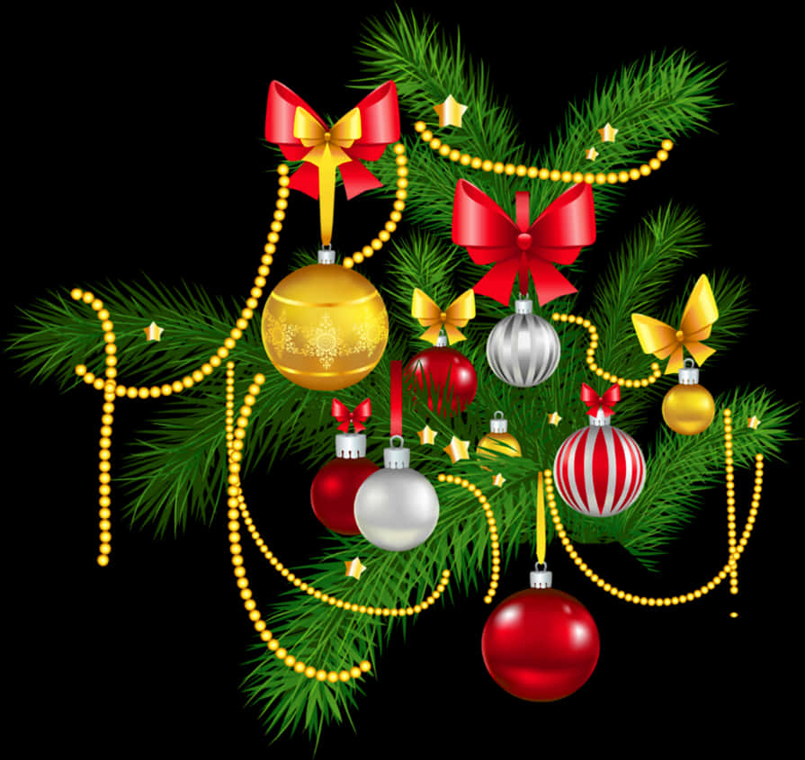Christmas Decor 桌布 壁紙 — 黑色背景上，飾有紅色金色蝴蝶結和珠子的鮮豔聖誕裝飾品和松樹枝。