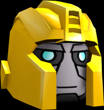 Transformers Bumblebee 桌布 壁紙 — 黑色背景上，黃色機器人頭部的特寫，帶有發光的藍色眼睛和棱角分明的金屬特徵。