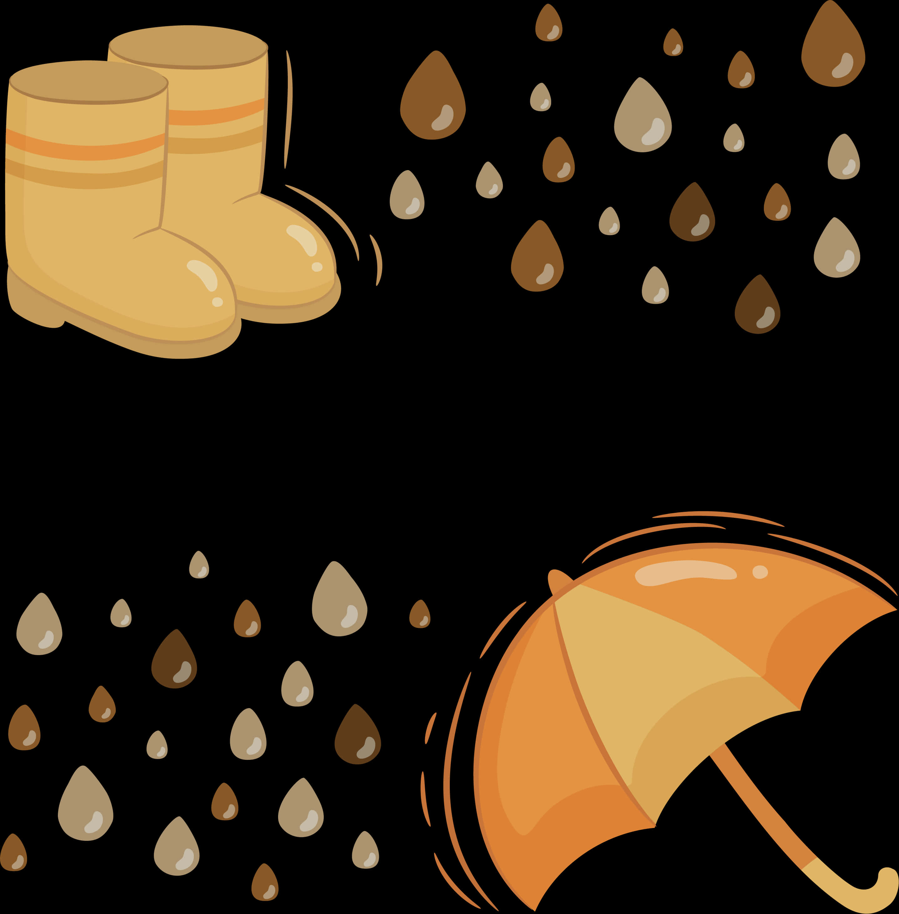 下雨 桌布 壁紙 — 黑色背景上，黃色雨靴和橙色雨傘，伴隨掉落的棕色和米色雨滴。