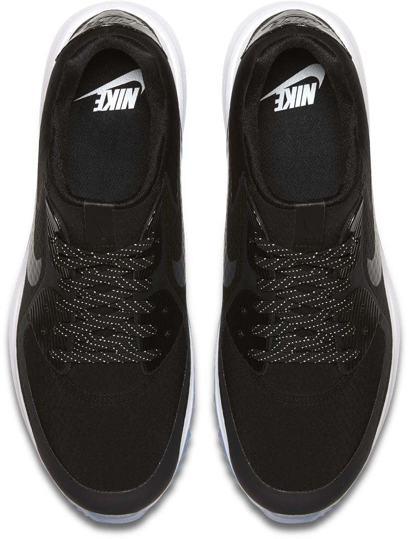 Sneaker 桌布 壁紙 — 黑色背景上，黑色Nike Air Max運動鞋的俯視圖，白色鞋底和反光鞋帶。