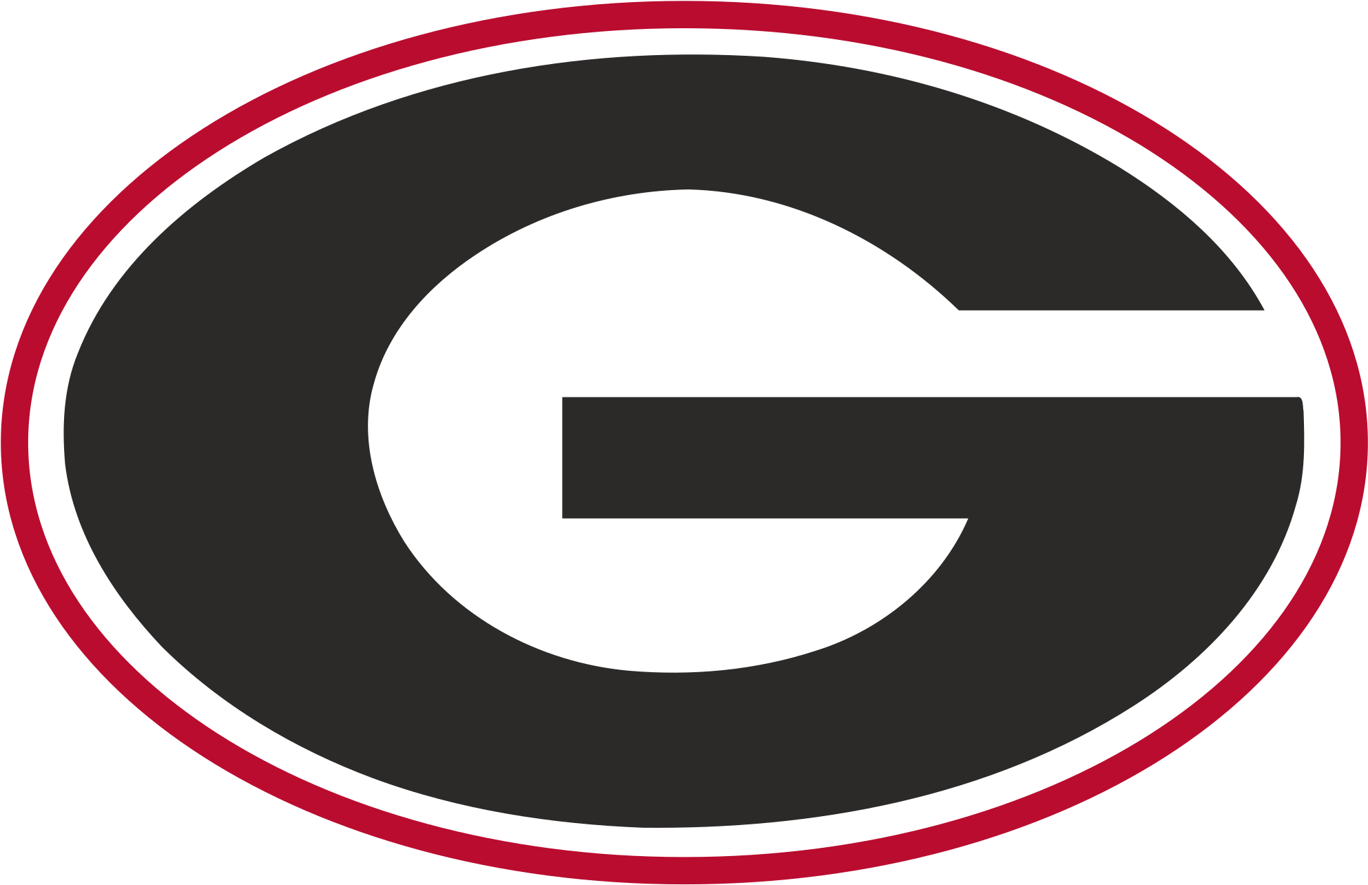 Georgia Bulldogs Logo 桌布 壁紙 — 黑色背景上，黑色橢圓形中央有粗體白色字母G，帶紅色和白色邊框。