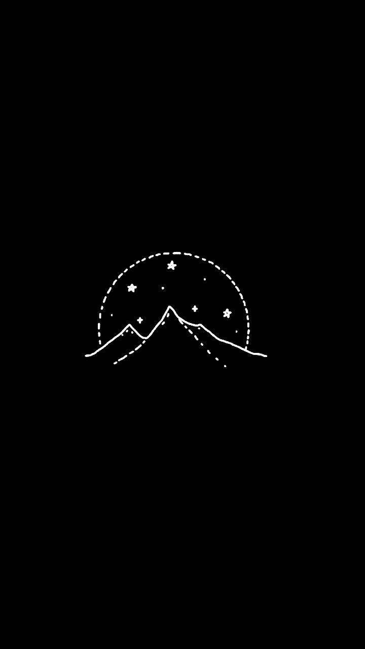 黑白 桌布 壁紙 — 黑色背景上，點線新月和星星下的山峰極簡白色線條畫。
