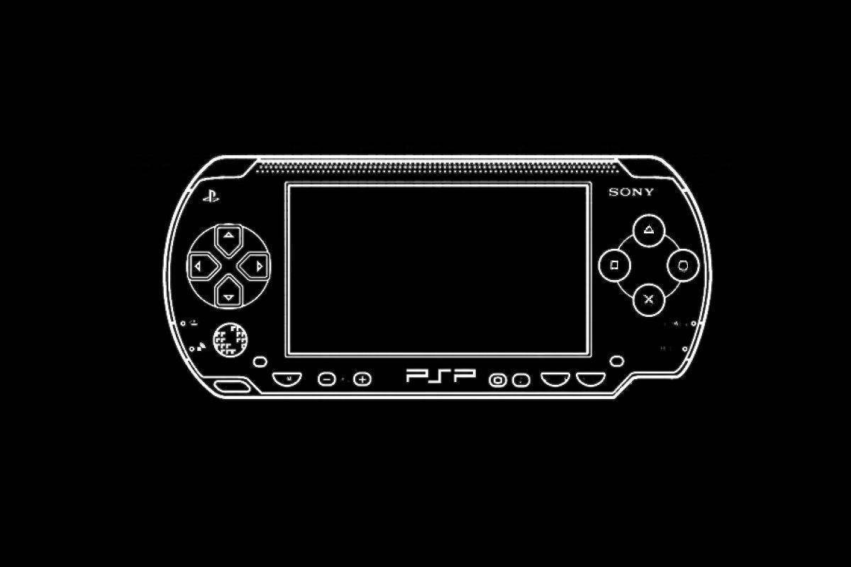 PlayStation 桌布 壁紙 — 黑色背景上Sony PSP掌上遊戲機的極簡白色線條畫。