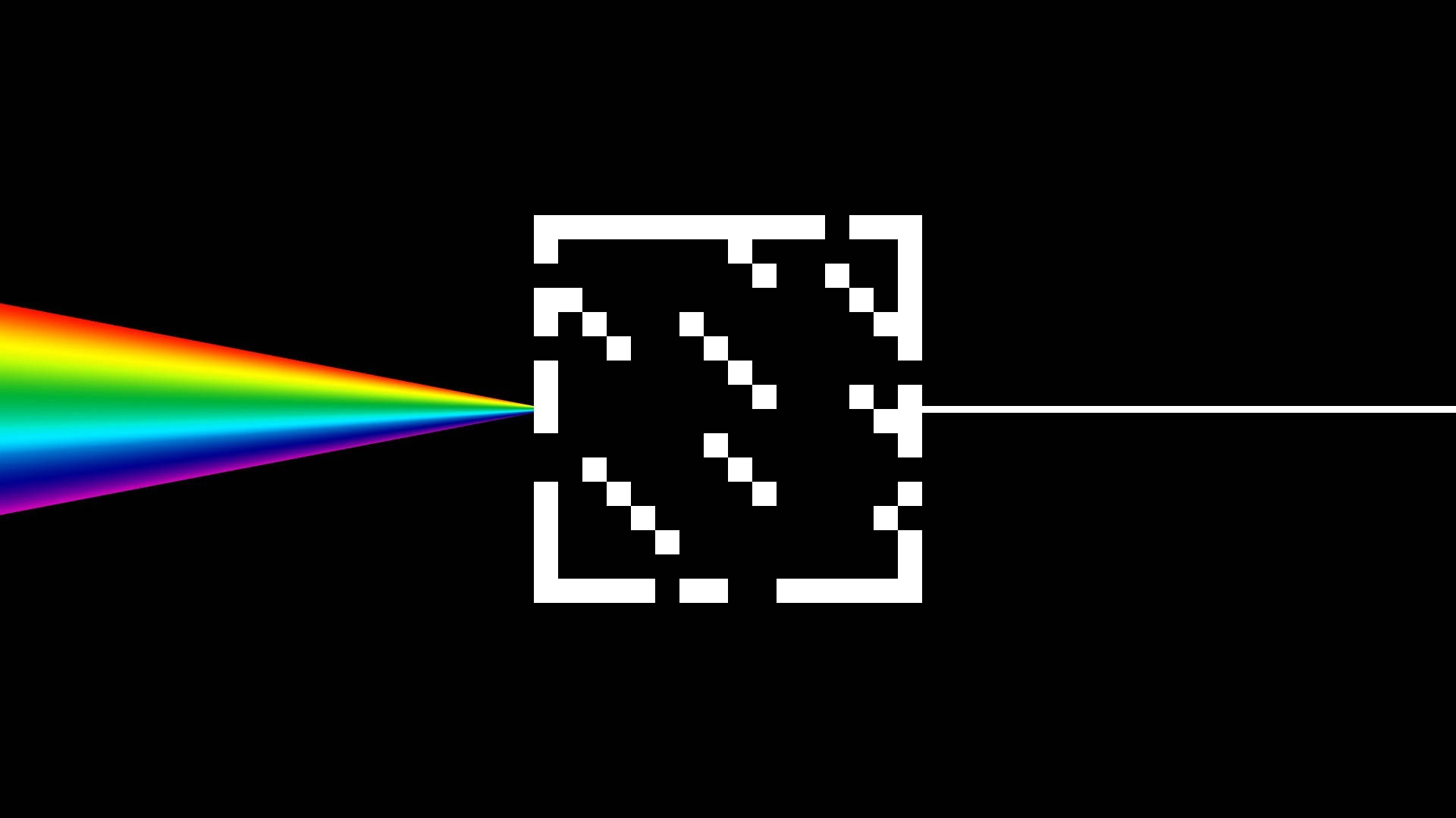 Prism 桌布 壁紙 — 黑色背景上一個像素化的白色正方形，左側射入一道彩虹光束。