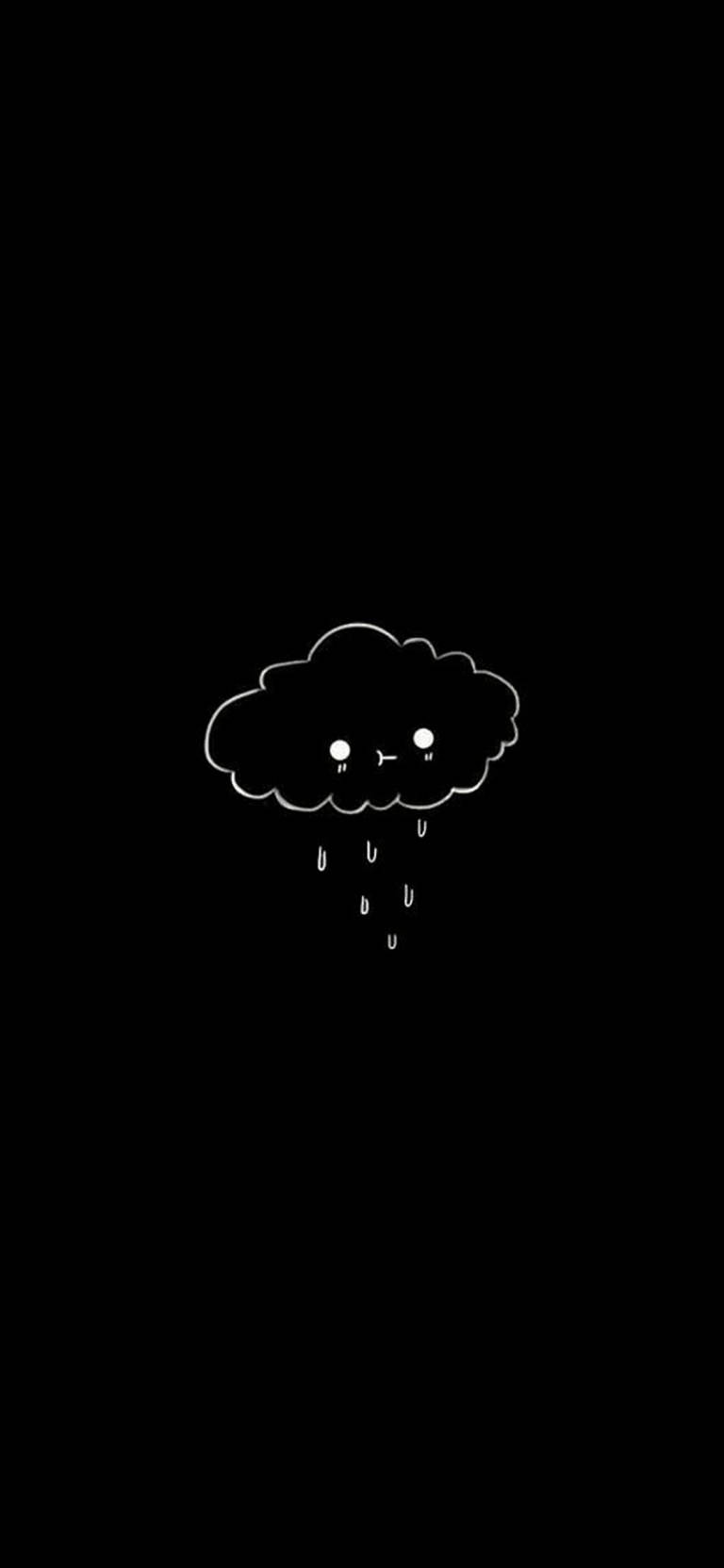 雲朵 桌布 壁紙 — 黑色背景上一個可愛微笑的雲朵正在下雨的極簡白色線條畫。
