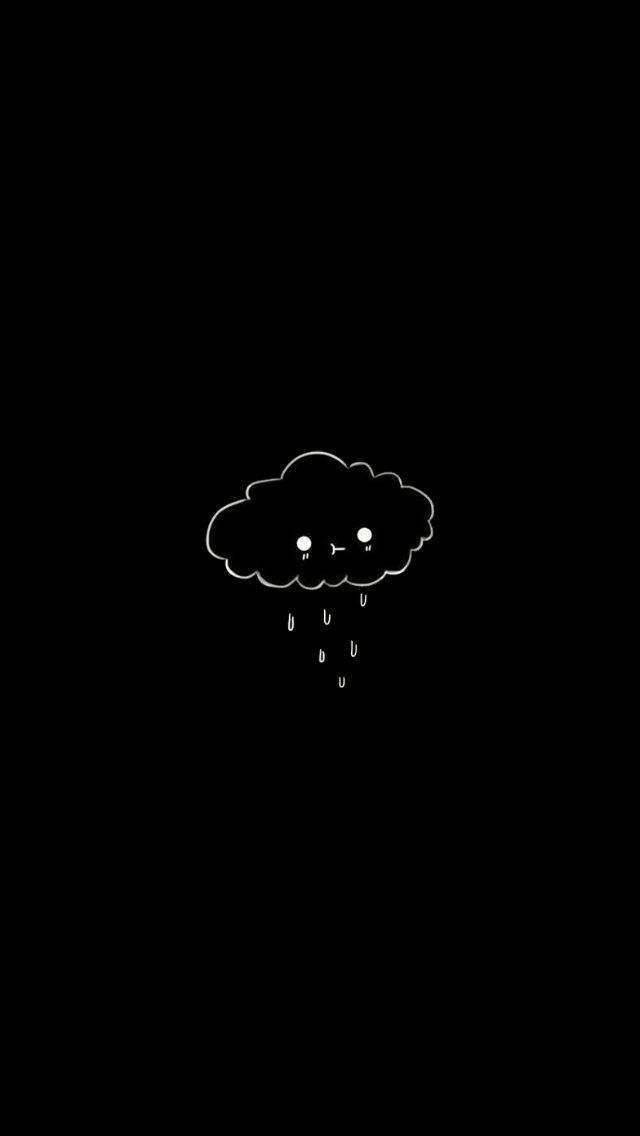 漂亮美學 桌布 壁紙 — 黑色背景上一個可愛微笑的雲正在下雨的極簡白色線條畫。