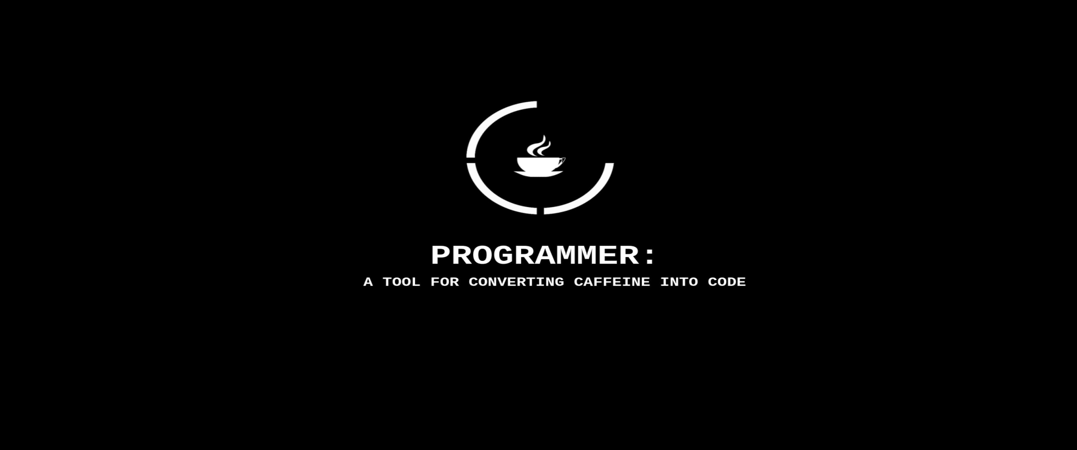 3440x1440p Programming 桌布 壁紙 — 黑色背景上一個斷裂圓圈內的簡約白色咖啡杯標誌，下方有文字。