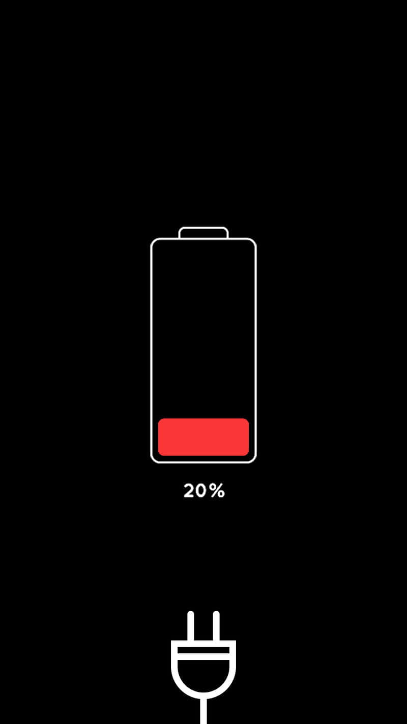 黑色 桌布 壁紙 — 黑色背景上一個極簡白色電池圖示，顯示20%紅色電量及插頭符號。