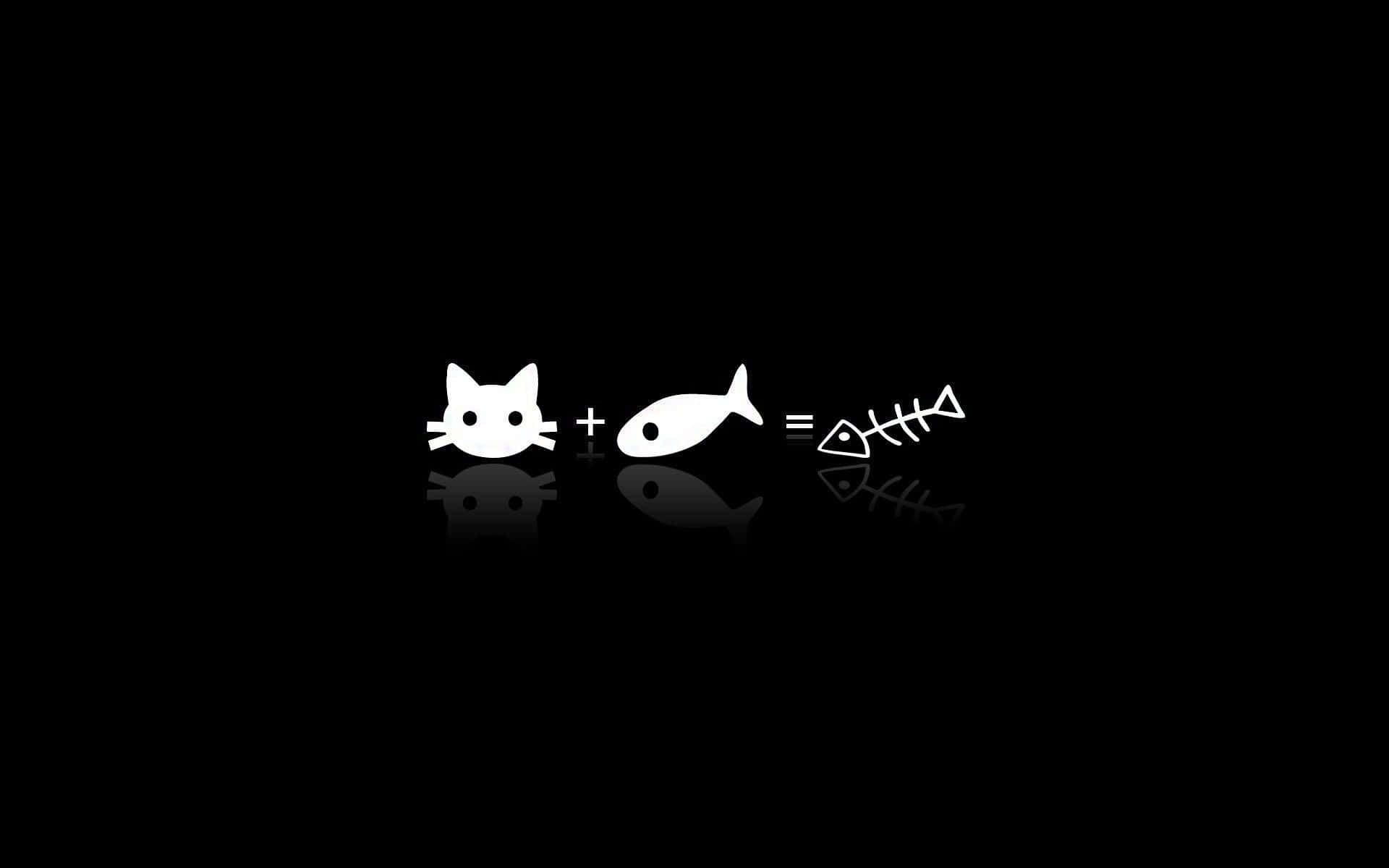 Equations 桌布 壁紙 — 黑色背景上一個簡約白色圖示方程式顯示貓加魚等於魚骨，帶有倒影。
