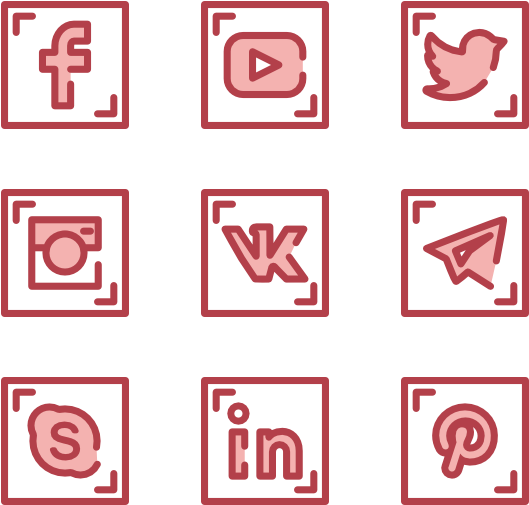 Redes Sociales 桌布 壁紙 — 黑色背景上九個粉紅色社交媒體圖示，位於正方形框架內。