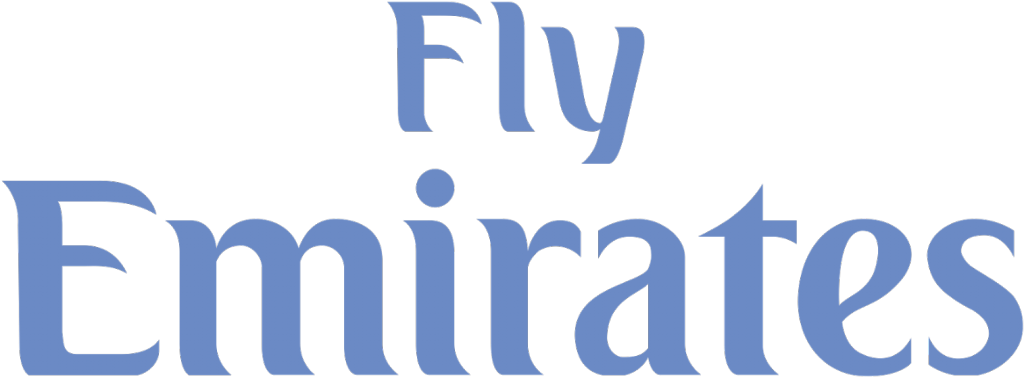 剪貼畫 桌布 壁紙 — 黑色背景上以優雅襯線字體顯示的藍色「Fly Emirates」標誌文字。