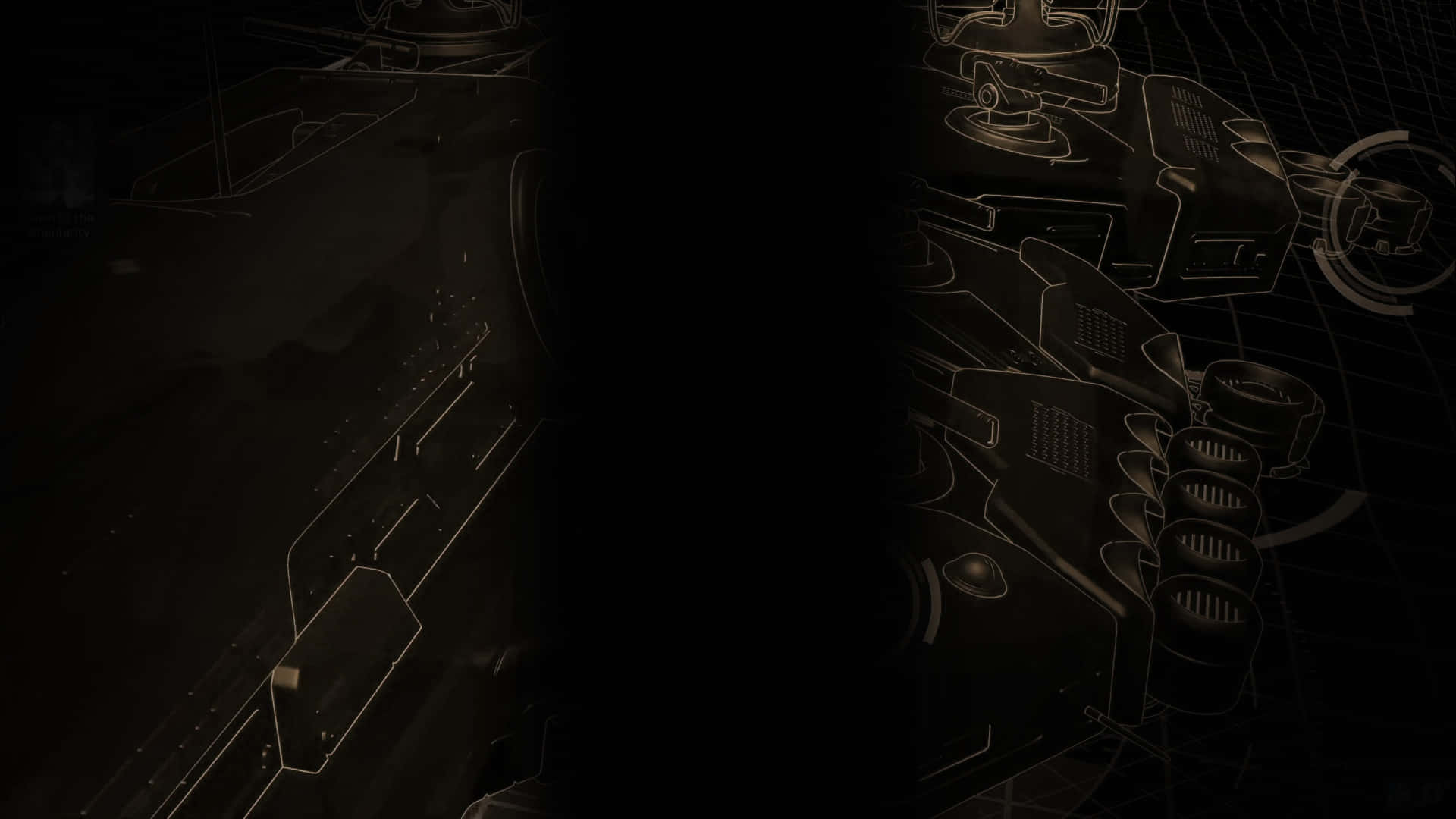 HD Ashes Of The Singularity Escalation 桌布 壁紙 — 黑色背景上以發光金色線條勾勒的黑暗未來機械組件。