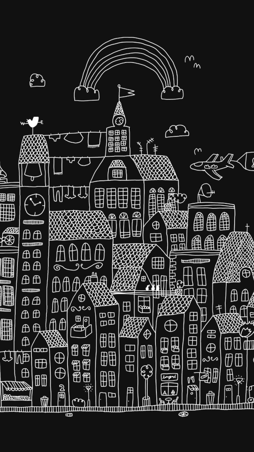 Black And White iPhone 桌布 壁紙 — 黑色背景上以白色粉筆風格繪製的奇幻城市景觀，彩虹飛機和晾衣繩點綴在夜空下。