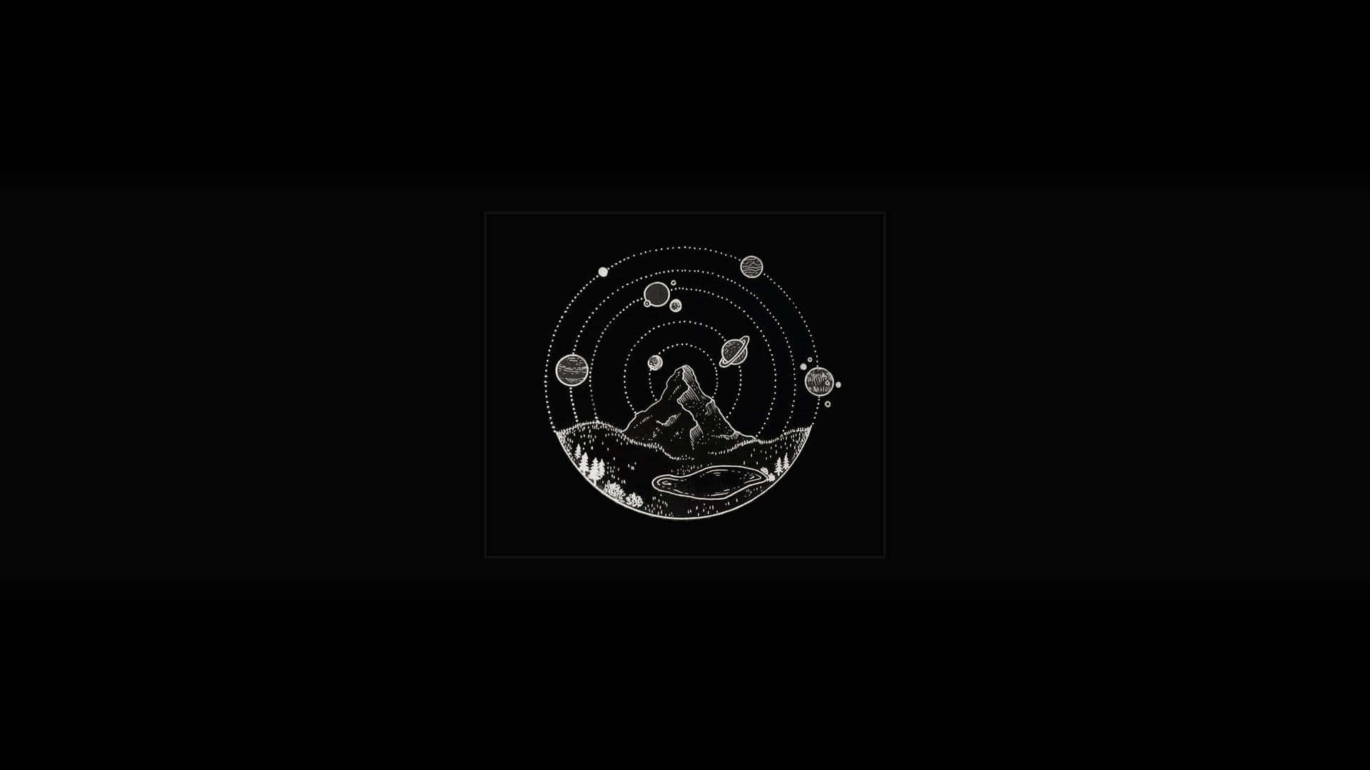 Aesthetic Black And White 桌布 壁紙 — 黑色背景上以白色線條繪製的山脈和軌道行星的極簡線條畫。