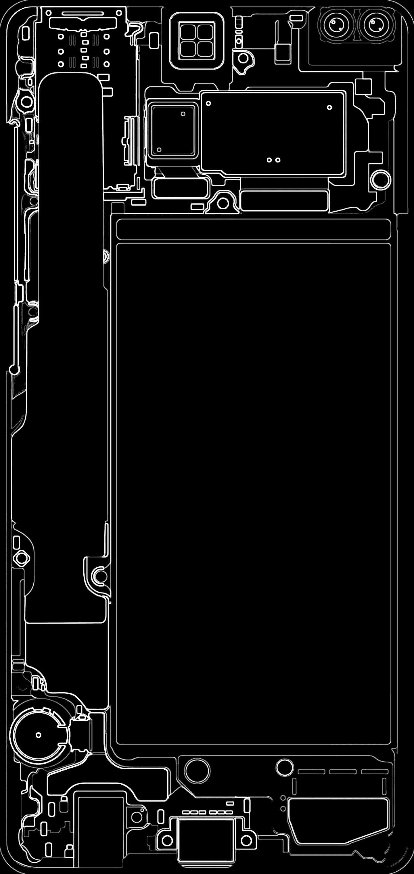 Galaxy S10 Plus 桌布 壁紙 — 黑色背景上以白色線條繪製的智慧型手機內部元件極簡線條圖。