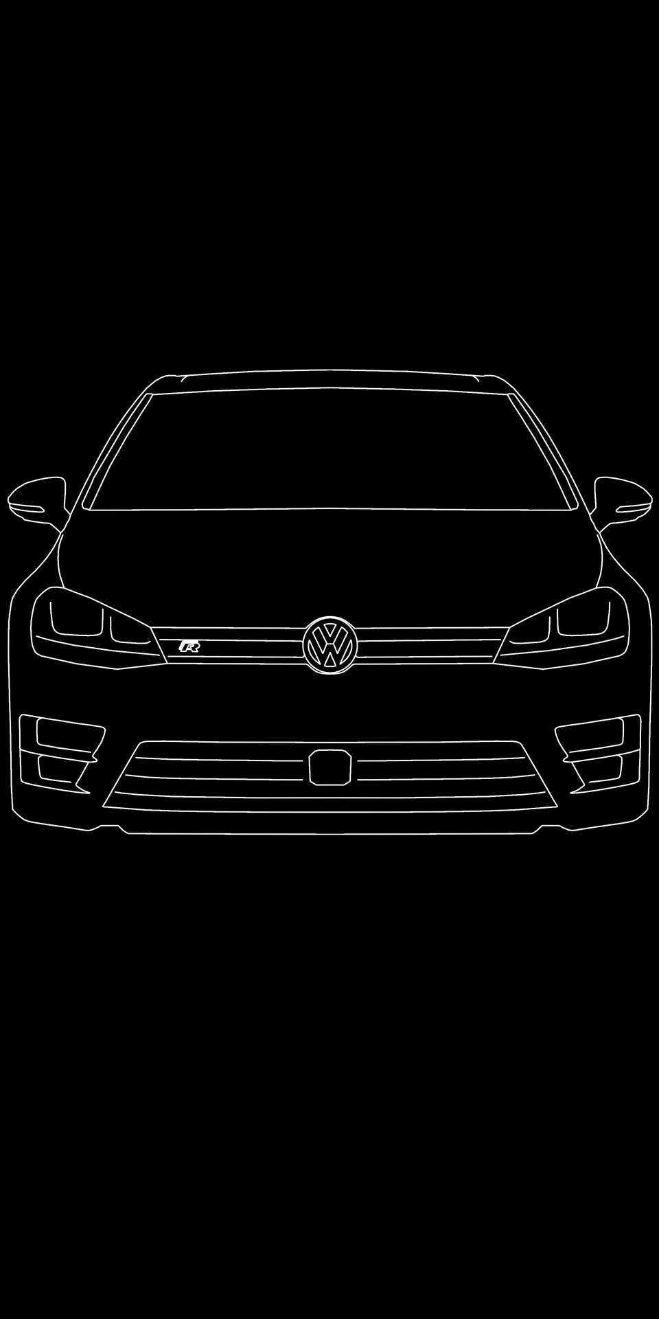 黑色背景上以白色線條繪製的福斯汽車正面線條藝術。