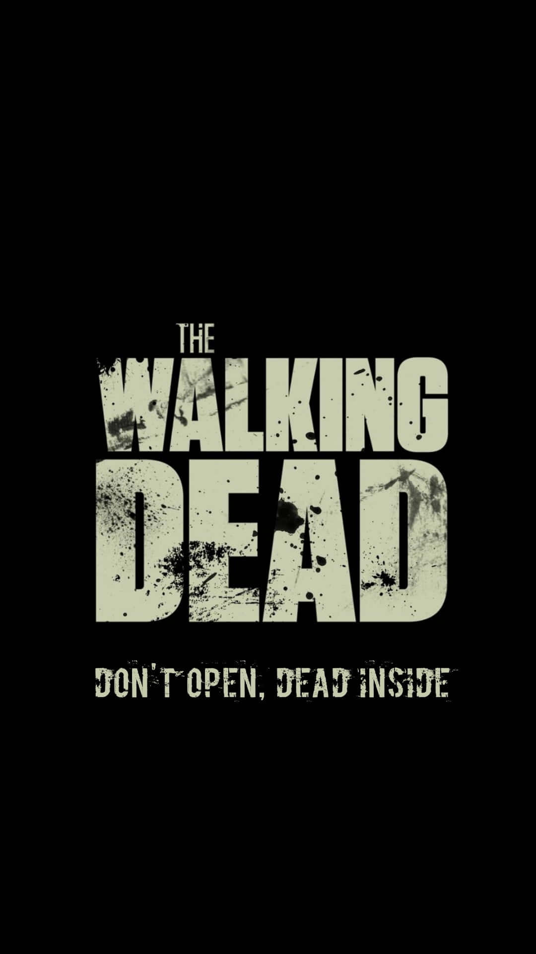 The Walking Dead iPhone 桌布 壁紙 — 黑色背景上以磨損米色文字顯示的The Walking Dead標誌，附有標語don't open dead inside。