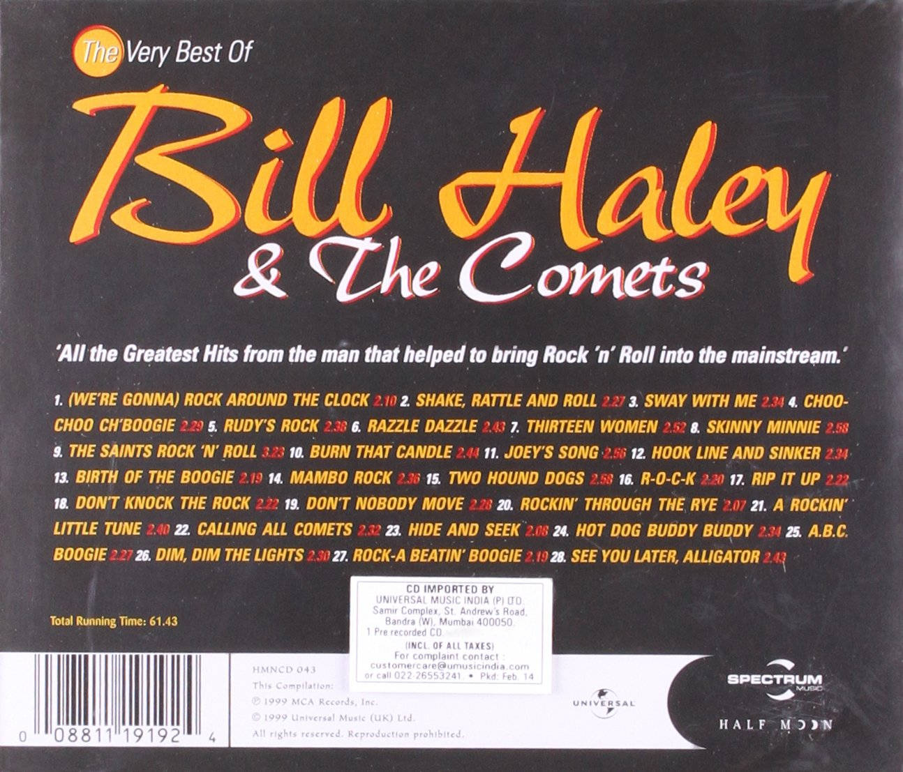 rock and roll 桌布 壁紙 — 黑色背景上以粗體橙色和白色文字列出 Bill Haley and the Comets 在音樂 CD 封底上的最熱門歌曲。