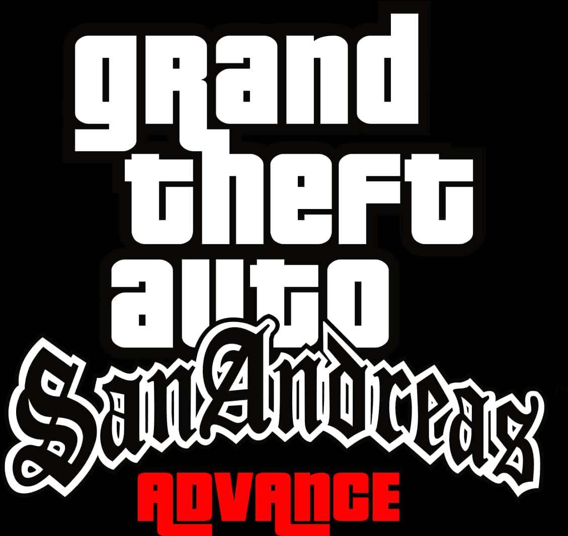Grand Theft Auto San Andreas 桌布 壁紙 — 黑色背景上以粗體白色和紅色顯示的「Grand Theft Auto San Andreas Advance」標誌，搭配風格化字體。