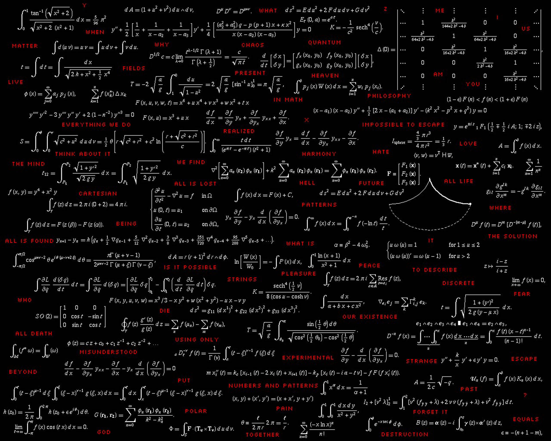 Physics 桌布 壁紙 — 黑色背景上以紅色和白色文字組成的密集拼貼，包含數學方程式、物理公式和哲學語句。