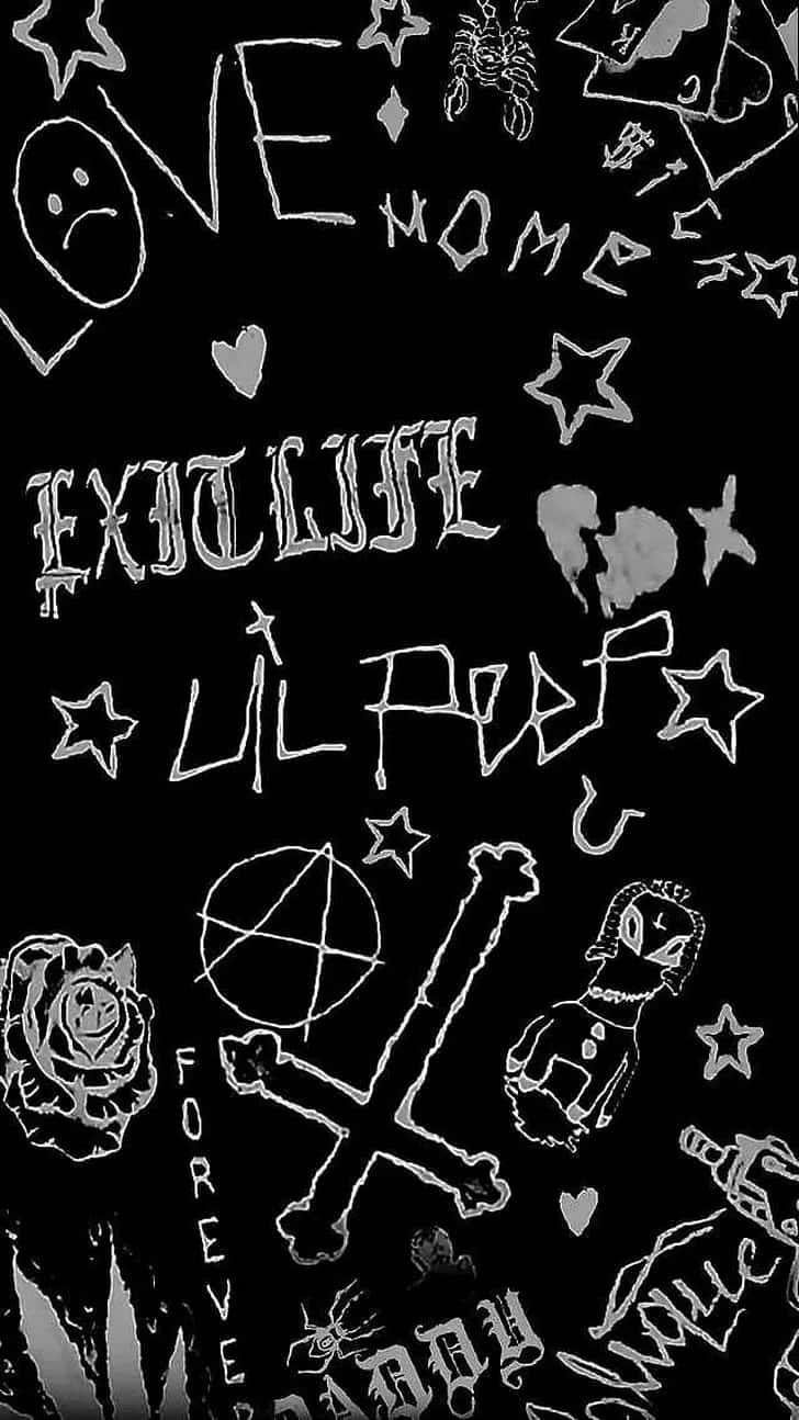 lil peep 動態圖 桌布 壁紙 — 黑色背景上佈滿白色塗鴉風格塗鴉，包括骷髏頭、玫瑰、星星以及exit life和lil peep等文字。