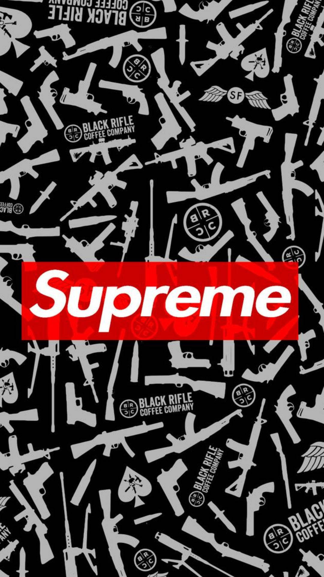 黑色背景，白色槍械剪影和Black Rifle Coffee標誌，帶有紅色Supreme標誌。 — Valorant Logo 壁紙