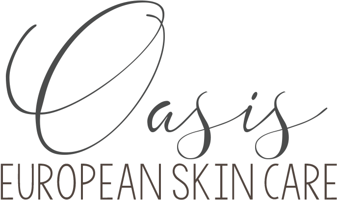 綠洲 桌布 壁紙 — 黑色背景上優雅的灰色手寫字體 Oasis European Skin Care 標誌。