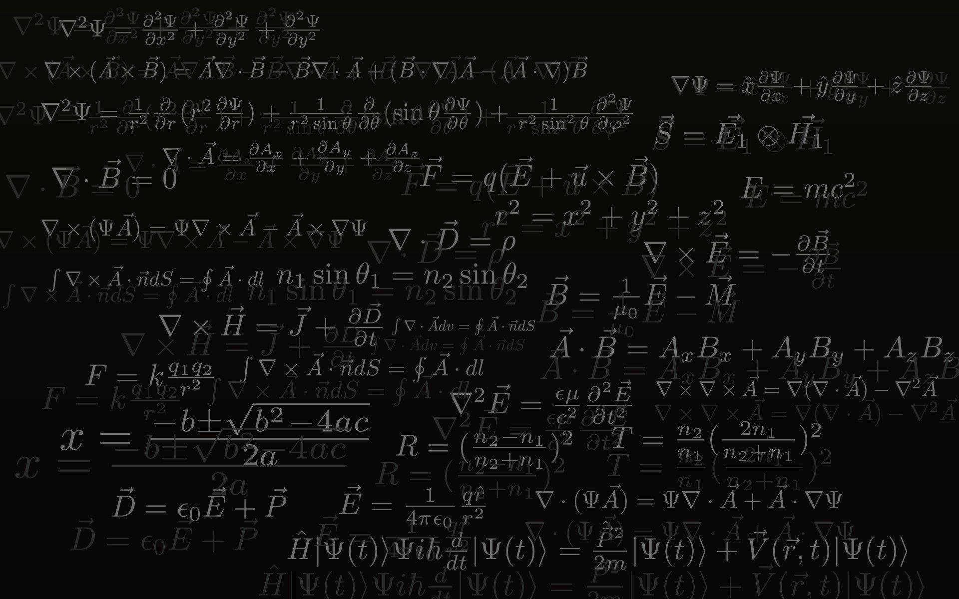 Physics 桌布 壁紙 — 黑色背景上充滿了發光的白色數學方程式和物理公式，形成密集的分層圖案。