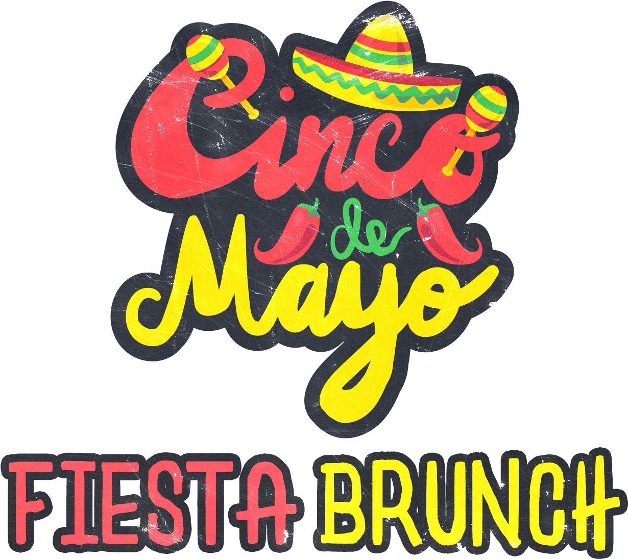 cinco 桌布 壁紙 — 黑色背景上充滿活力的 Cinco de Mayo 節日早午餐標誌，帶有墨西哥寬邊帽、沙球和辣椒。