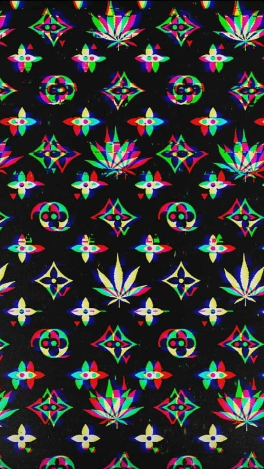 黑色背景，帶有色彩繽紛的迷幻大麻和幾何圖案。 — 迷幻動圖 壁紙
