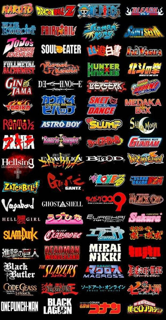 Dragon Ball Z Logo 桌布 壁紙 — 黑色背景上充滿活力的彩色動畫和漫畫標題網格。