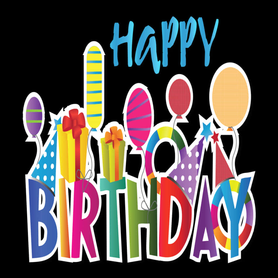 生日快樂 桌布 壁紙 — 黑色背景上充滿活力的彩色生日字母，配有氣球、禮物和派對帽。