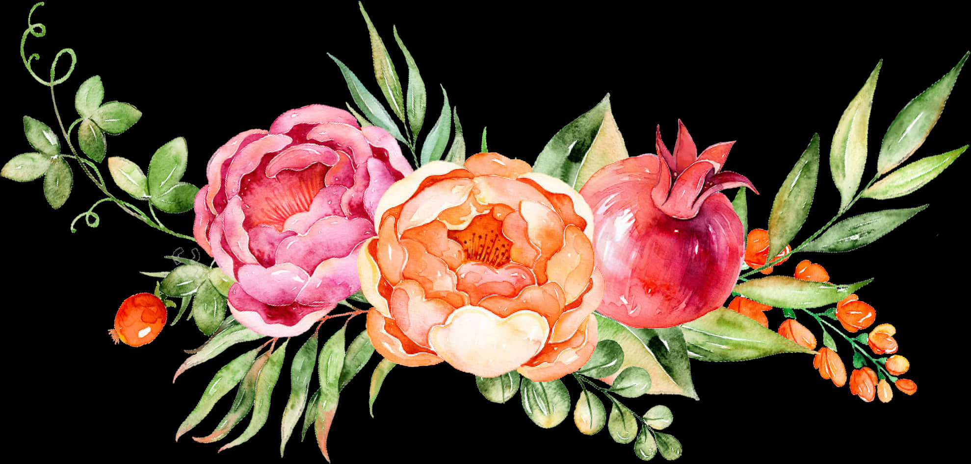 Watercolor 桌布 壁紙 — 黑色背景上充滿活力的水彩花卉佈置，帶有粉紅色和橙色牡丹、石榴和綠色植物。