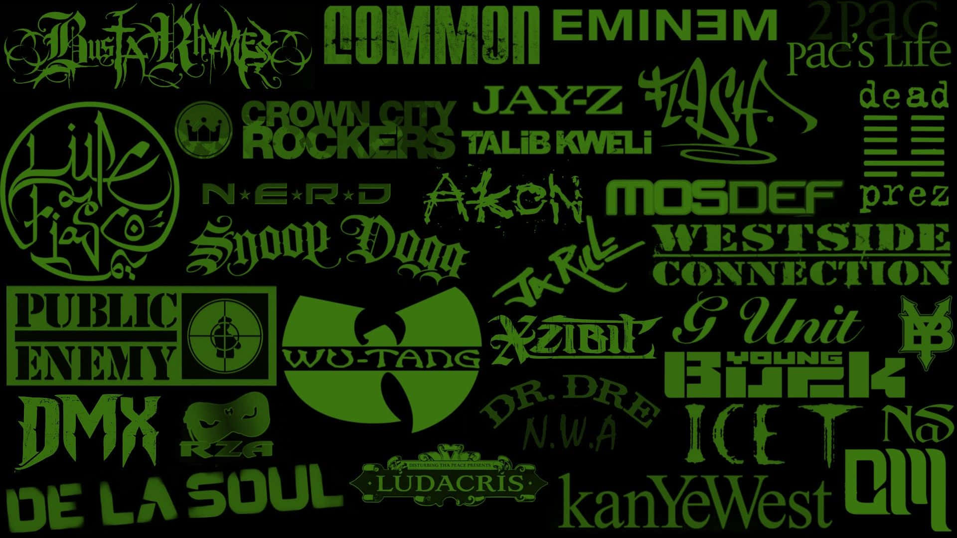 Hip Hop Rappers 桌布 壁紙 — 黑色背景上充滿活力的綠色塗鴉風格嘻哈藝術家標誌和名稱拼貼畫。