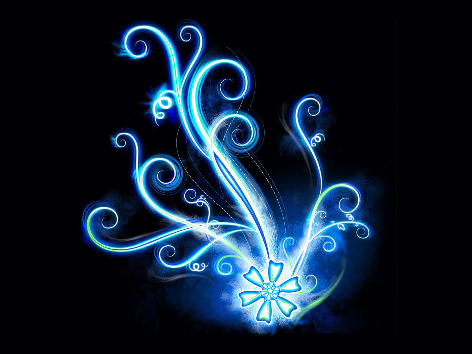 Cute Neon 桌布 壁紙 — 黑色背景上充滿活力的藍色霓虹漩渦和發光的花朵，以數位藝術風格呈現。