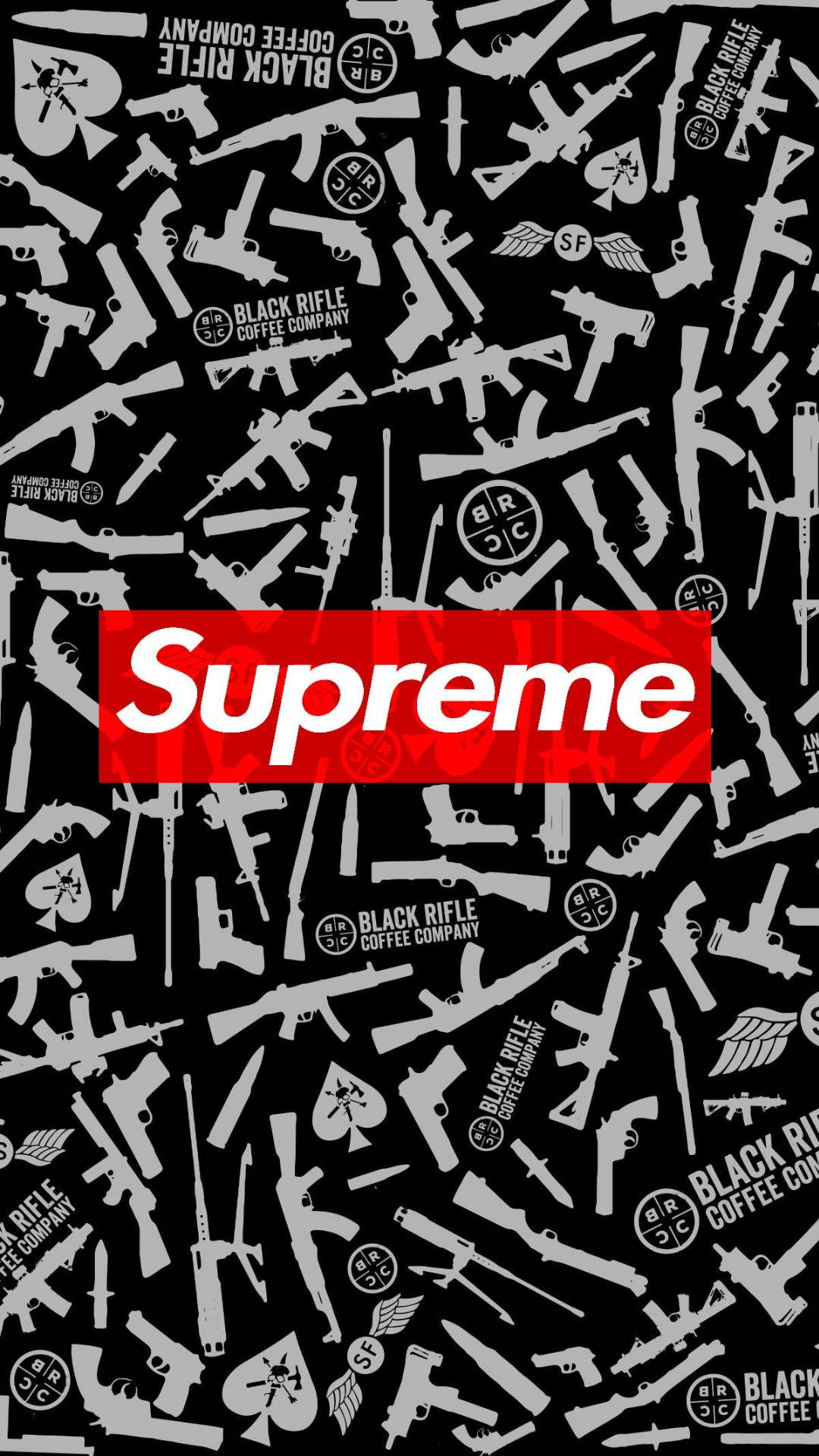 Cool Supreme 桌布 壁紙 — 黑色背景上充滿白色槍枝剪影和 'Black Rifle Coffee Company' 標誌，並覆蓋著一個大膽的紅色 Supreme 標誌。