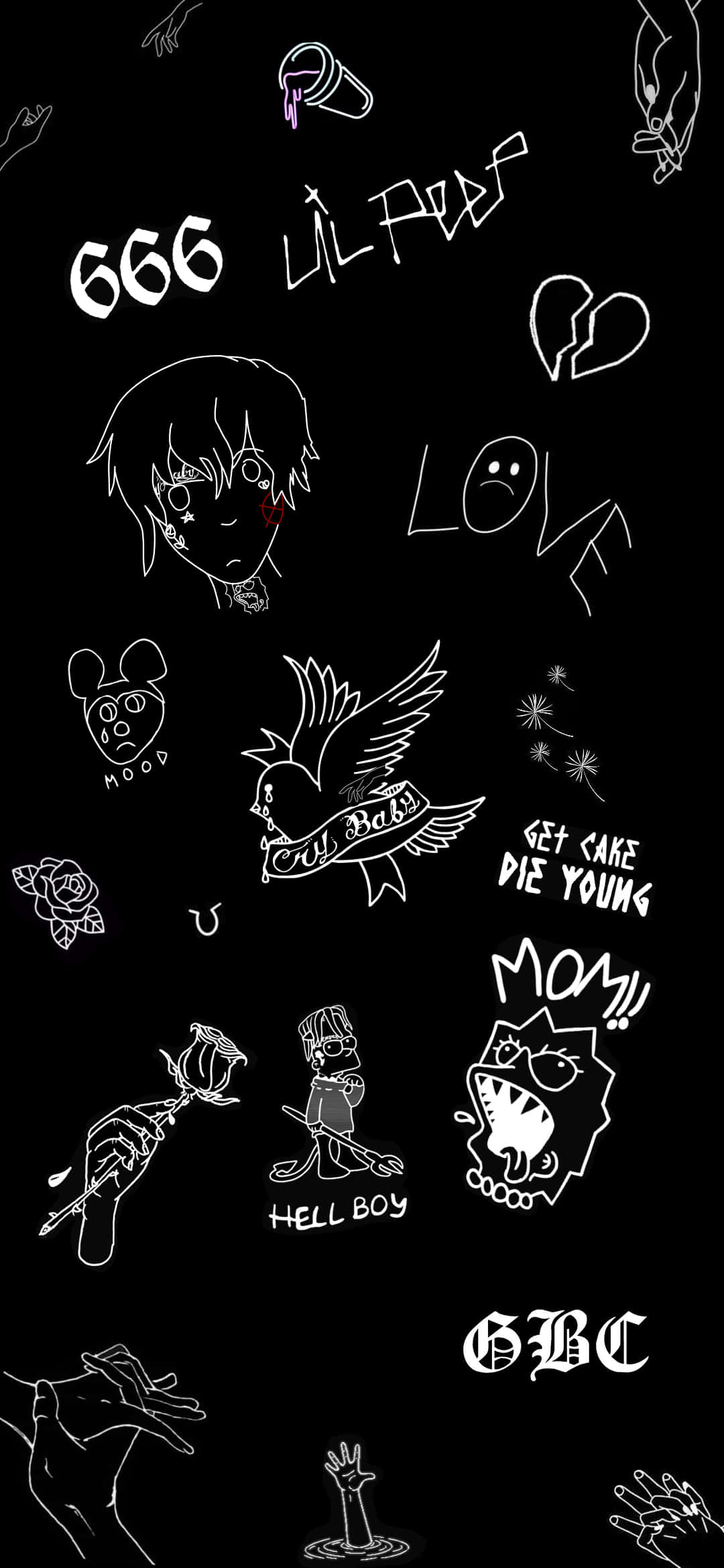lil peep 動態圖 桌布 壁紙 — 黑色背景上充滿白色線條塗鴉，包括骷髏頭、手、文字和Hell Boy等卡通角色。