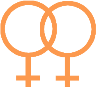 女同志 桌布 壁紙 — 黑色背景上兩個相互鎖定的橙色女性性別符號。