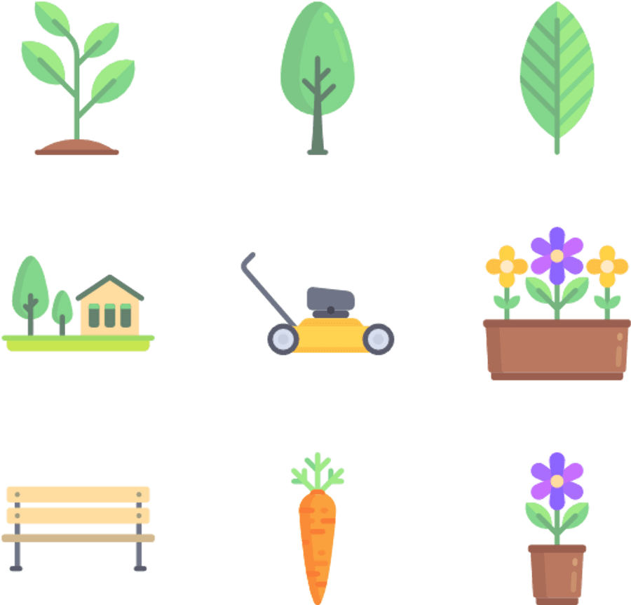 花園 桌布 壁紙 — 黑色背景上包括植物、樹木、花朵、割草機、長椅和胡蘿蔔的園藝物品平面向量圖示。