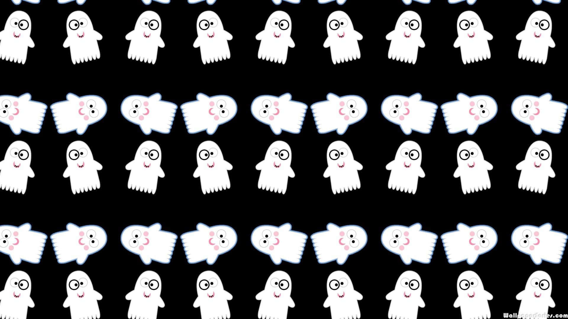 Cute Ghost 桌布 壁紙 — 黑色背景上可愛的白色卡通鬼魂重複圖案，帶有微笑的臉。