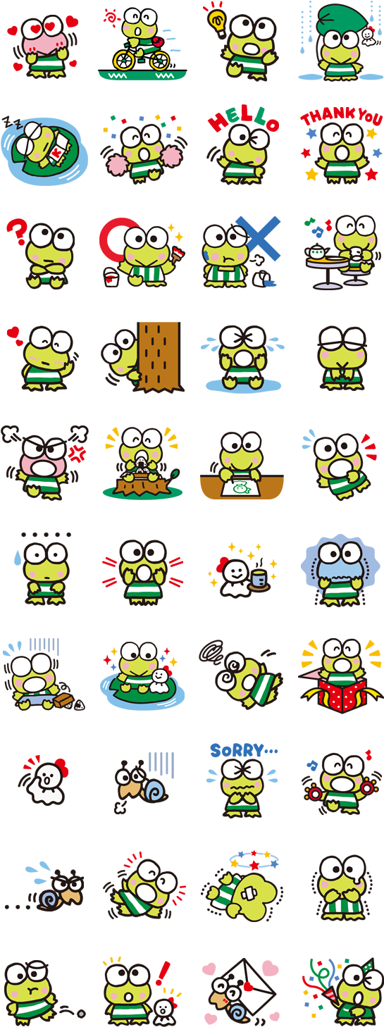 Cute Frog 桌布 壁紙 — 黑色背景上各種表情豐富的可愛綠色青蛙角色網格。
