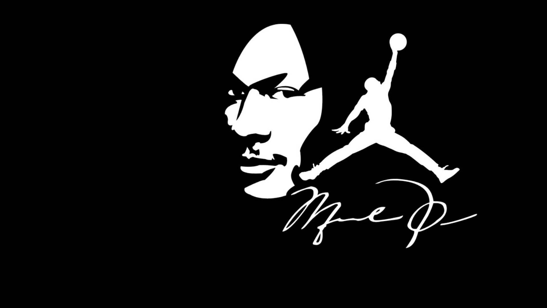 Jordan Logo 桌布 壁紙 — 黑色背景上呈現麥可喬丹臉部的白色剪影，旁邊是他標誌性的跳躍籃球姿勢和簽名。