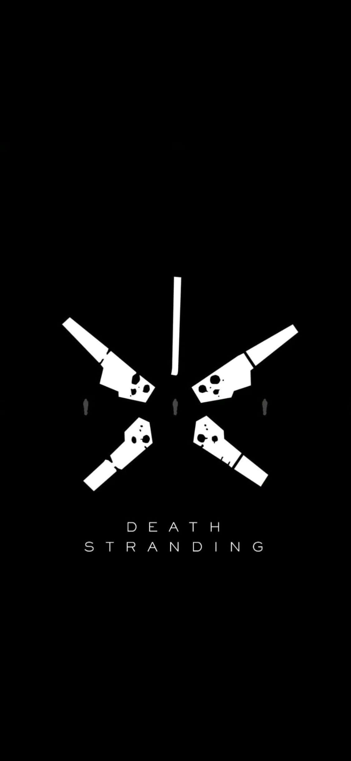 iPhone X Death Stranding 桌布 壁紙 — 黑色背景上四個交叉手槍帶有骷髏的白色極簡標誌，下方有遊戲標題文字。