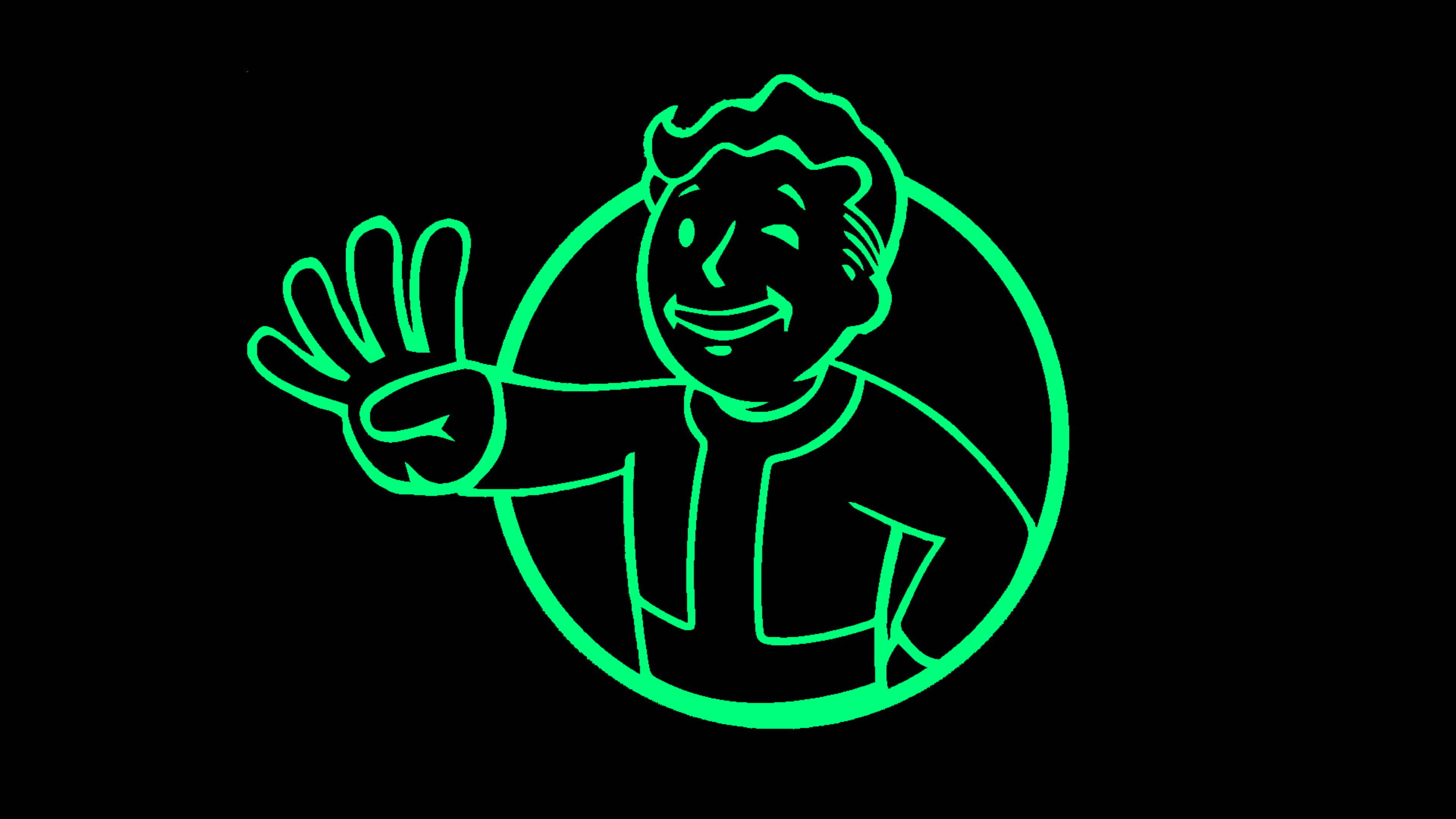 Fallout 4 桌布 壁紙 — 黑色背景上圓圈內發光綠色輪廓的Vault Boy愉快地揮手。