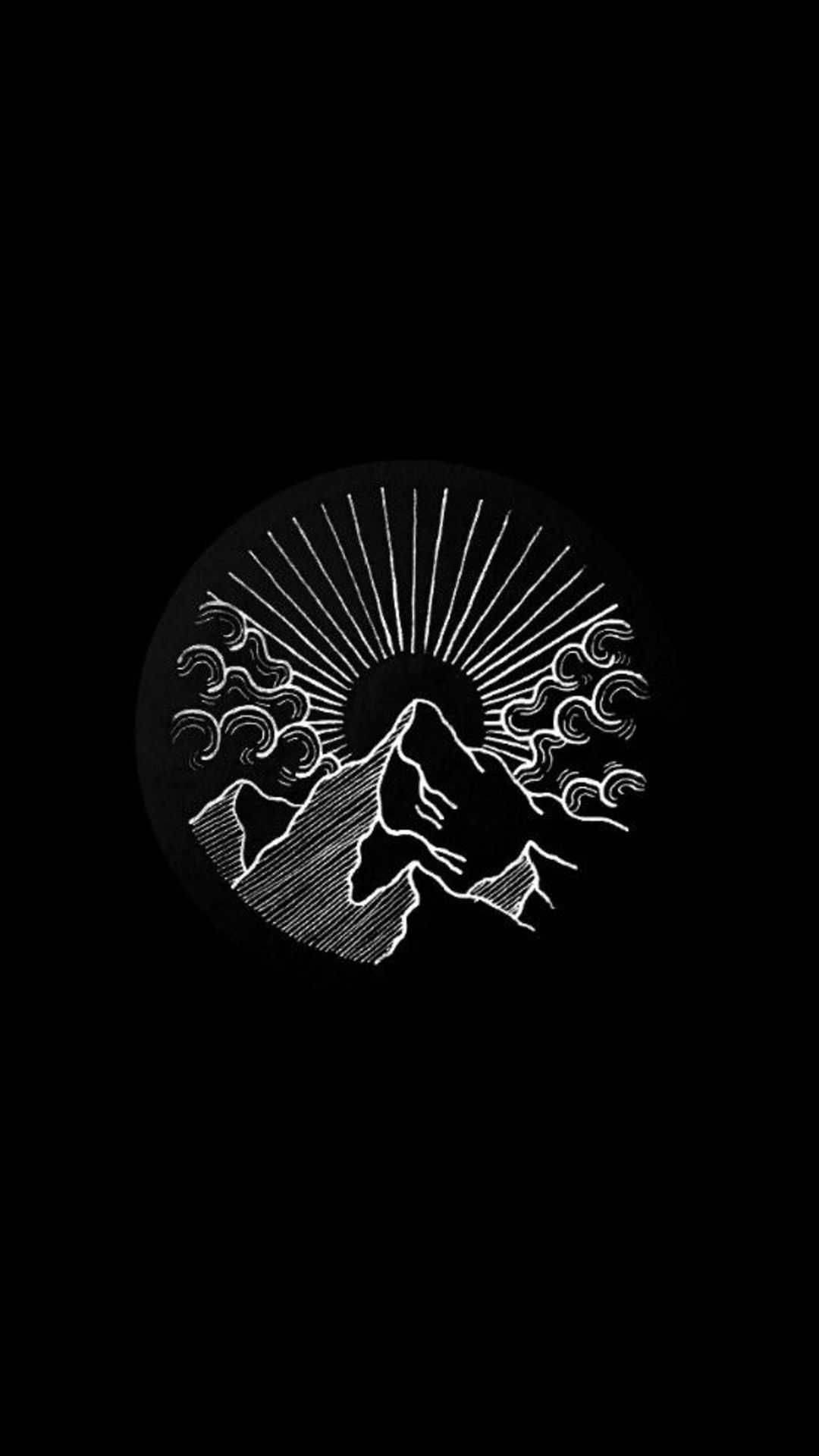 Dark Aesthetic iPhone 桌布 壁紙 — 黑色背景上圓圈內的山峰、陽光和雲朵的極簡白色線條畫。